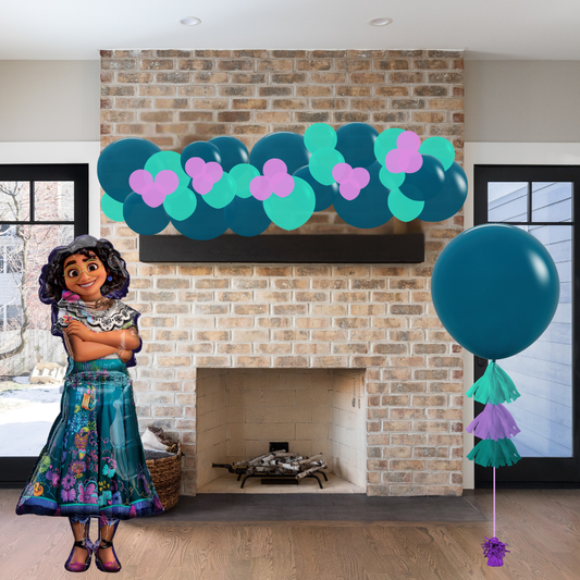 Animated character standing next to a decorated fireplace with balloons and streamers.